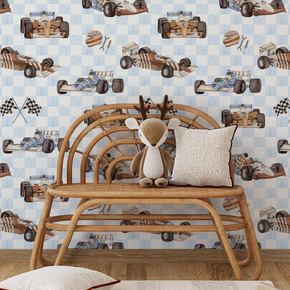 Vintage Racing Car Wallpaper behind a rattan bench