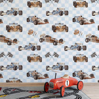 Vintage Racing Car Wallpaper with a ride-on car