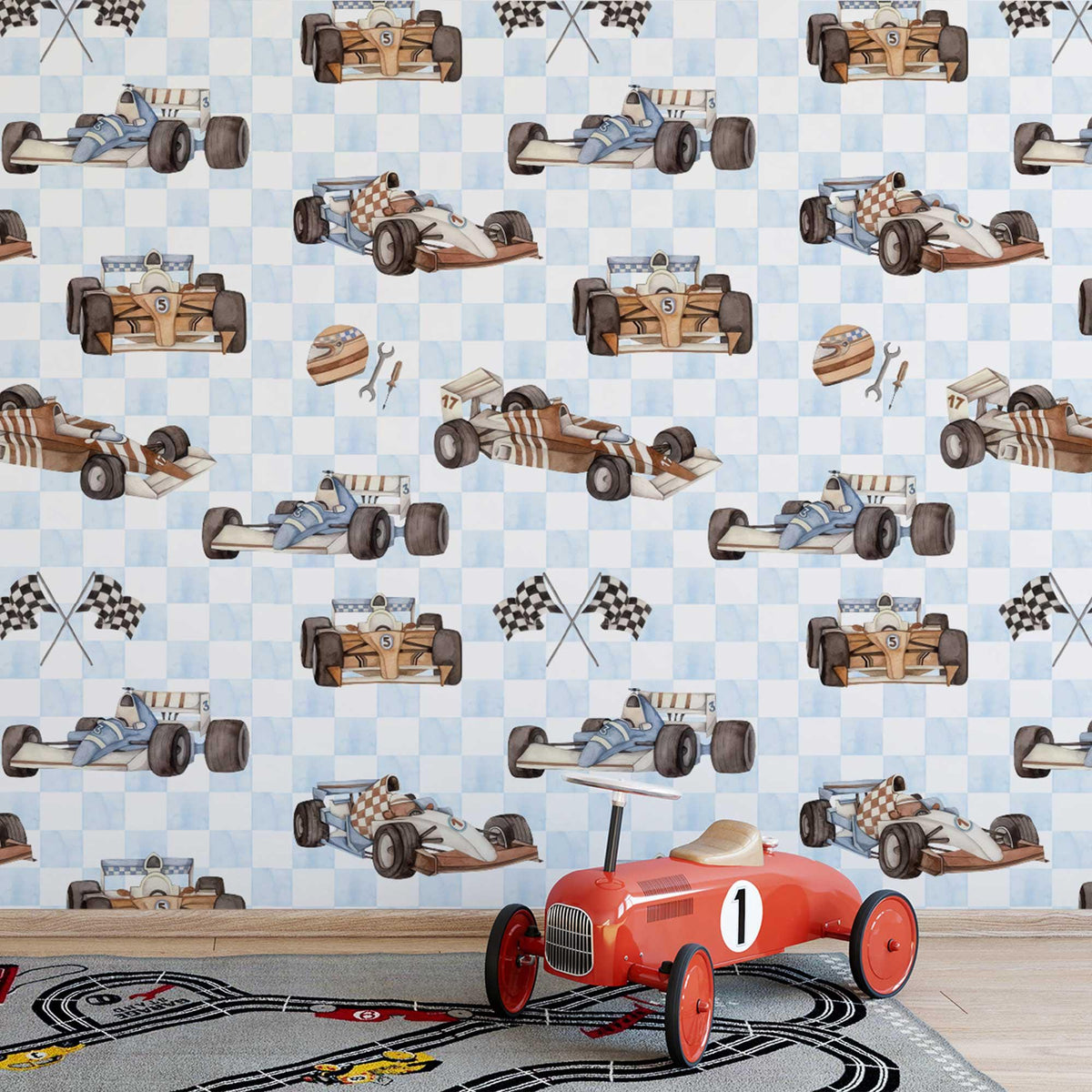Vintage Racing Car Wallpaper with a ride-on car