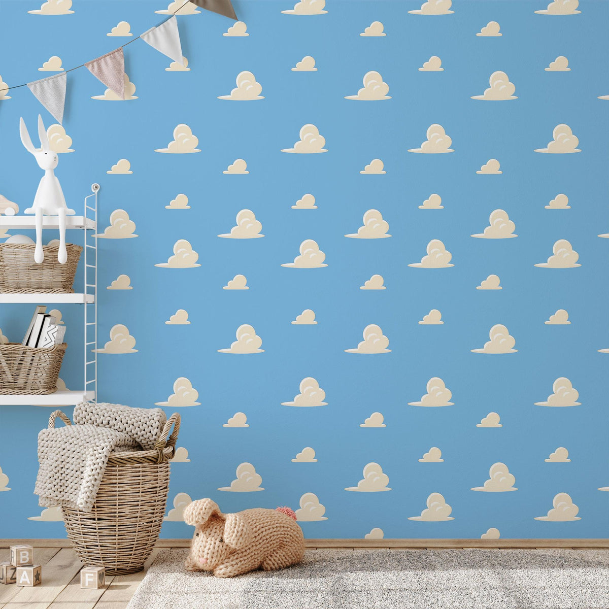 Blue Cloud Wallpaper in a nursery with bunting