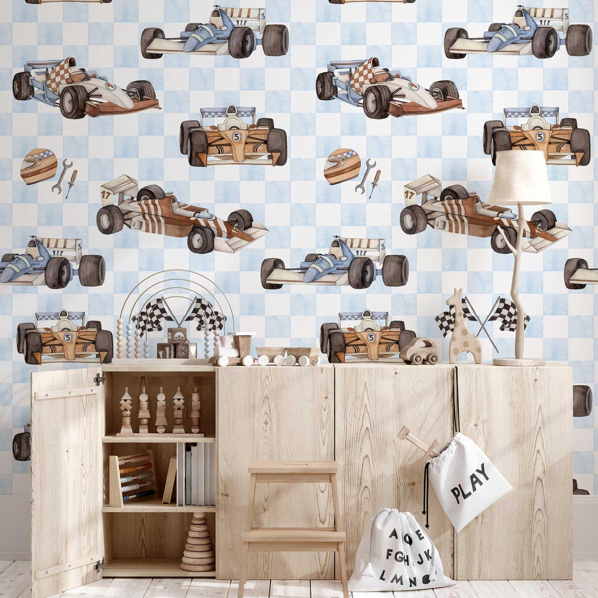 Vintage Racing Car Wallpaper behind a sideboard