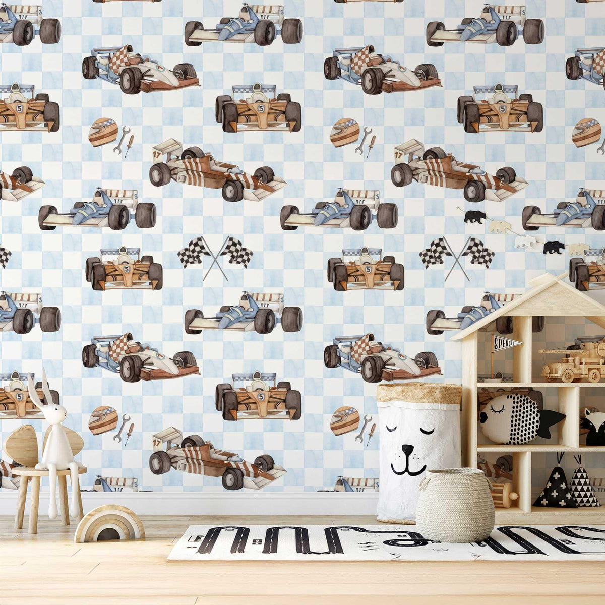 Vintage Racing Car Wallpaper behind a dolls house shelf
