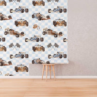 Vintage Racing Car Wallpaper roll shown against a wall