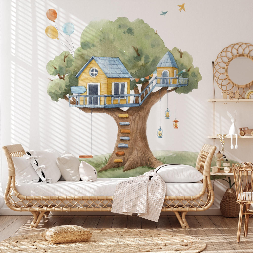 Treehouse Wall Decal behind a daybed