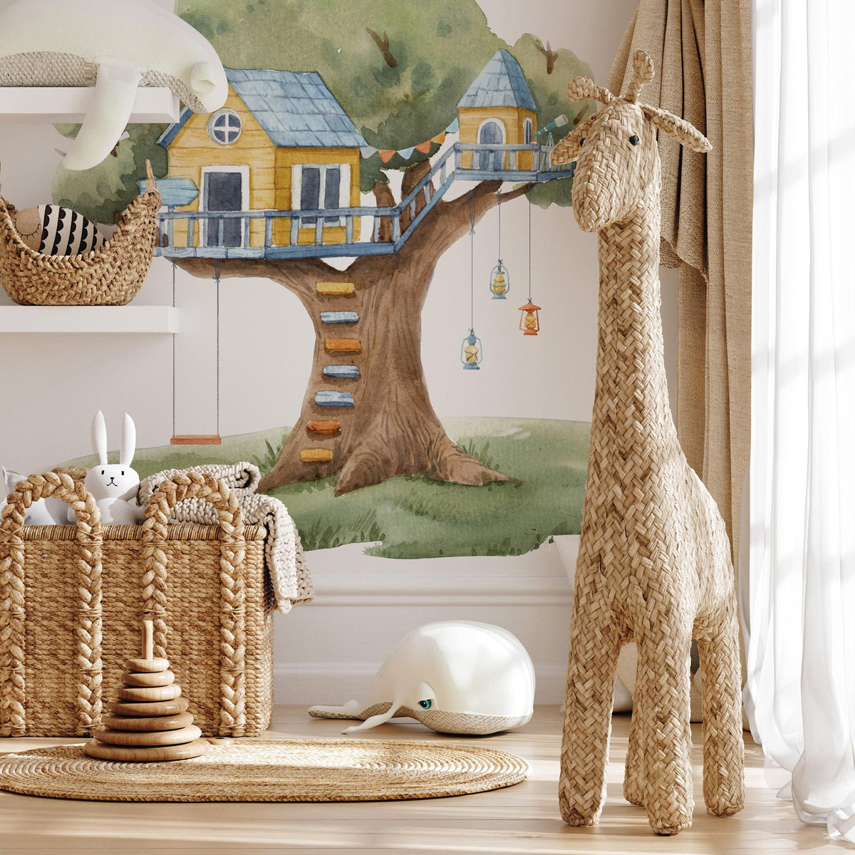 Treehouse Wall Decal beside a giraffe toy