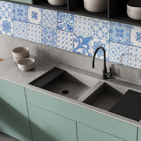 Blue and White Tile Decals behind a kitchen sink