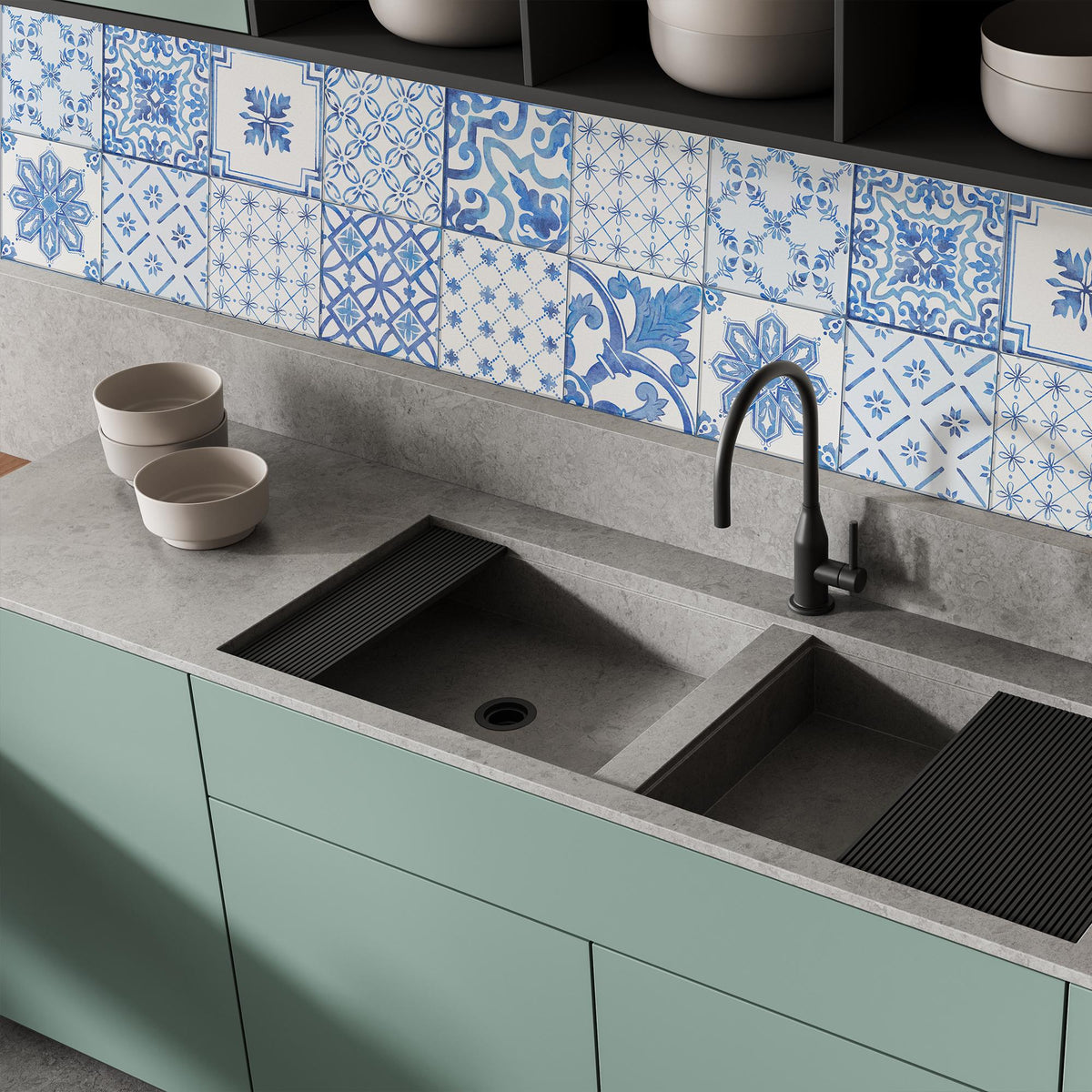 Blue and White Tile Decals behind a kitchen sink