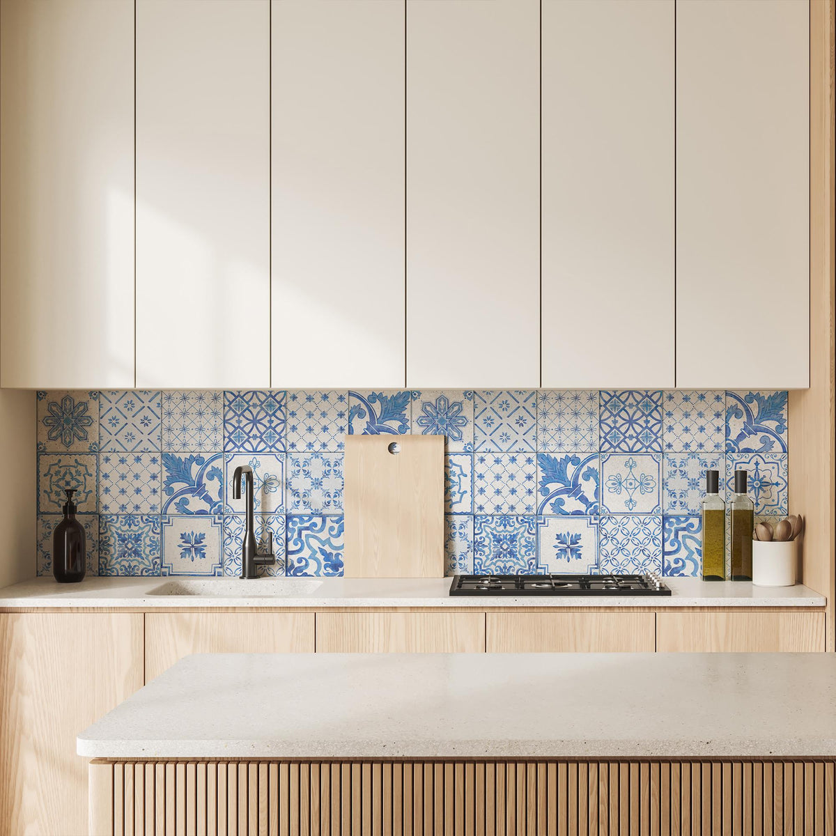 Blue and White Tile Decals in a modern kitchen