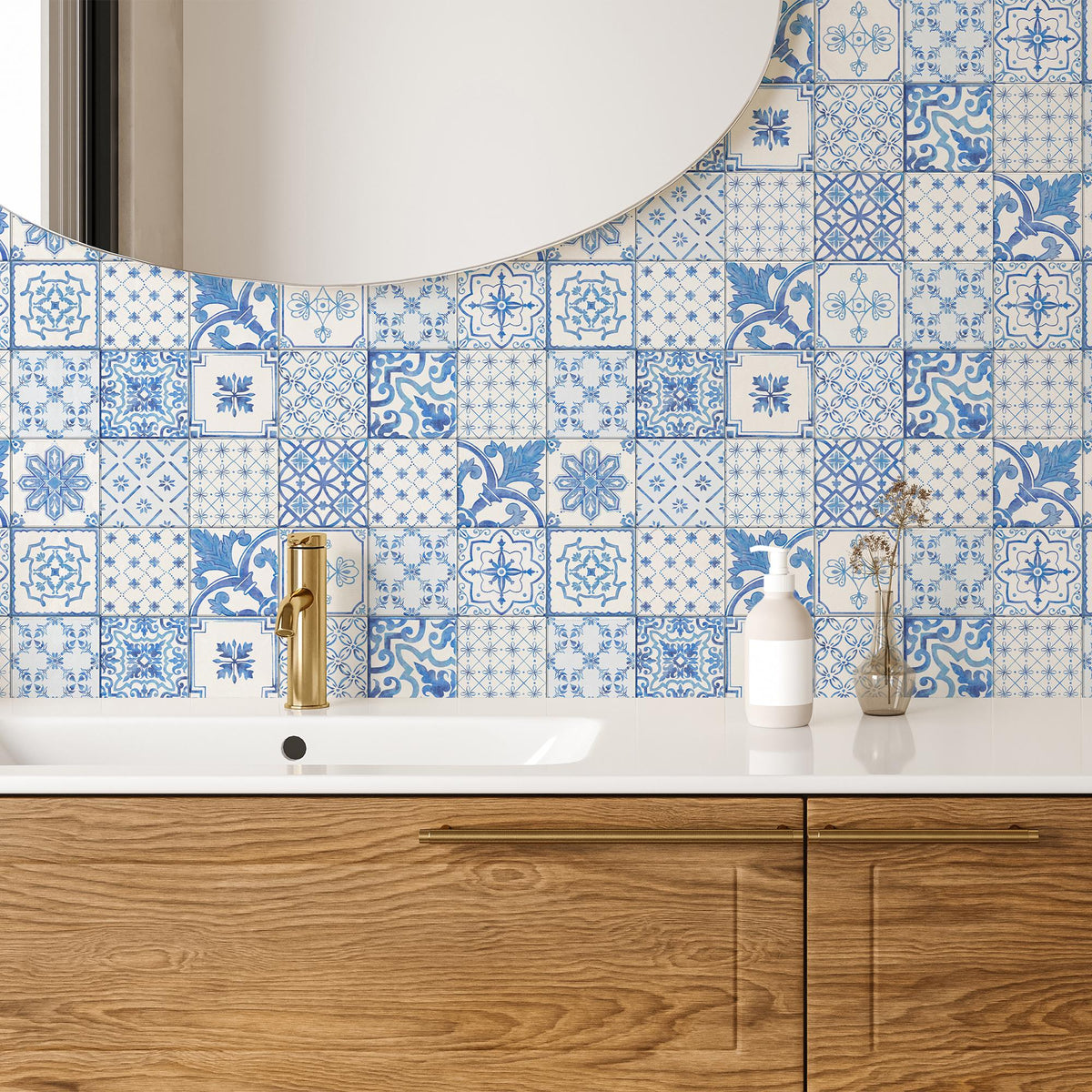 Blue and White Tile Decals on a bathroom wall
