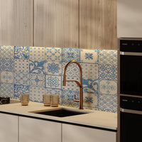 Blue and White Tile Decals behind a kitchen sink