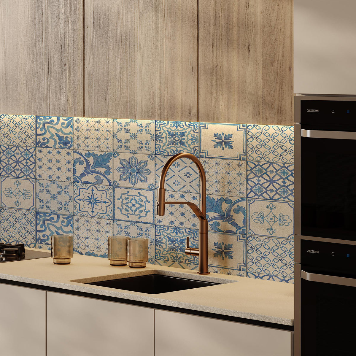 Blue and White Tile Decals behind a kitchen sink