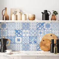 Blue and White Tile Decals as a kitchen splashback