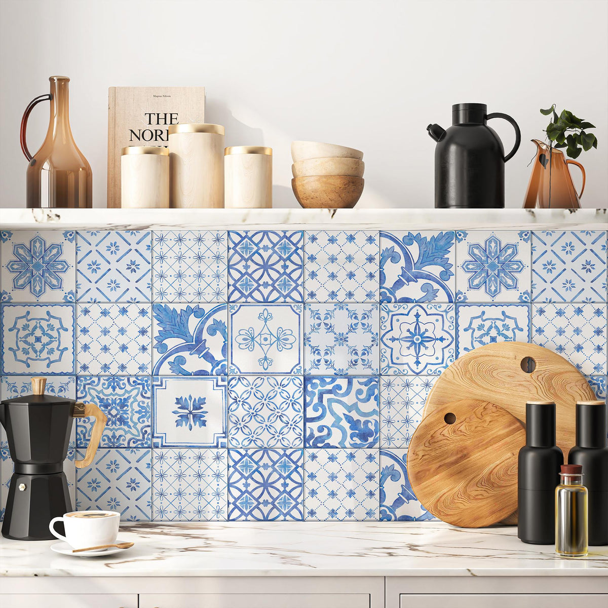 Blue and White Tile Decals as a kitchen splashback