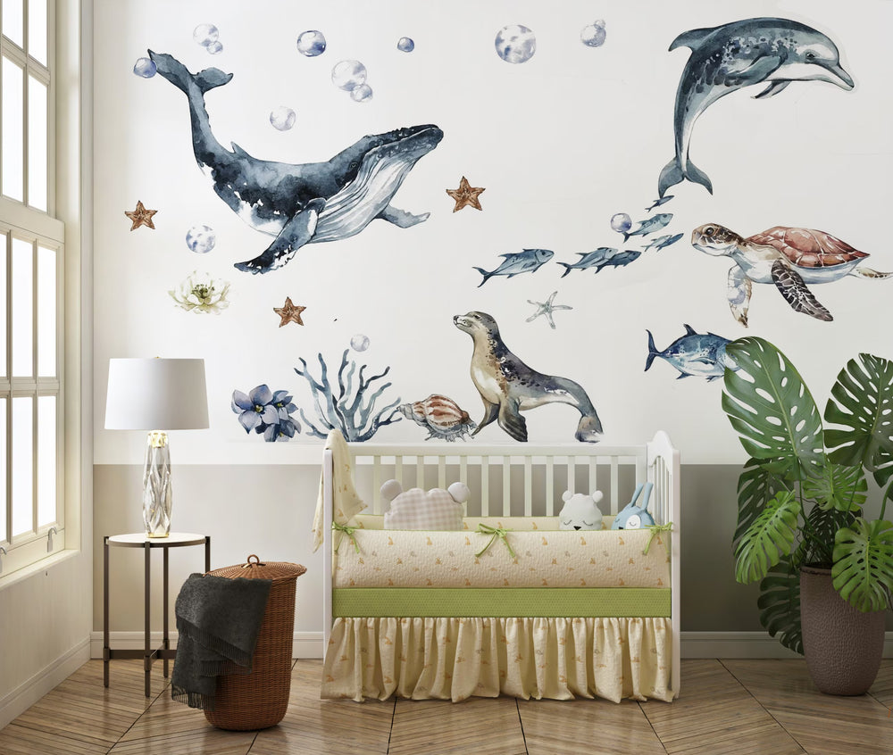 Ocean Animals Wall Decal for Kids and Nursery, Sticker Set, Dolphin, Turtle, Whale, Fishes, Seal, Corals, Watercolour, OCEAN Life - Clickwalls