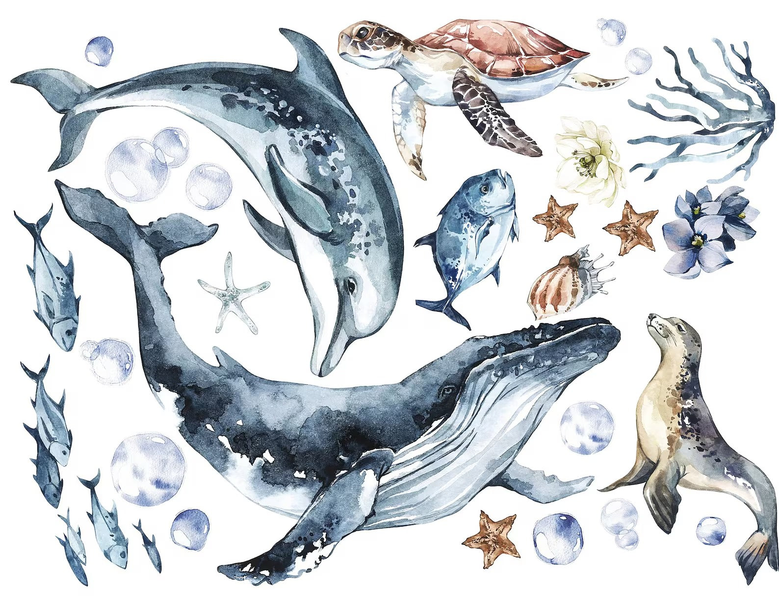 Ocean Animals Wall Decal for Kids and Nursery, Sticker Set, Dolphin, Turtle, Whale, Fishes, Seal, Corals, Watercolour, OCEAN Life - Clickwalls