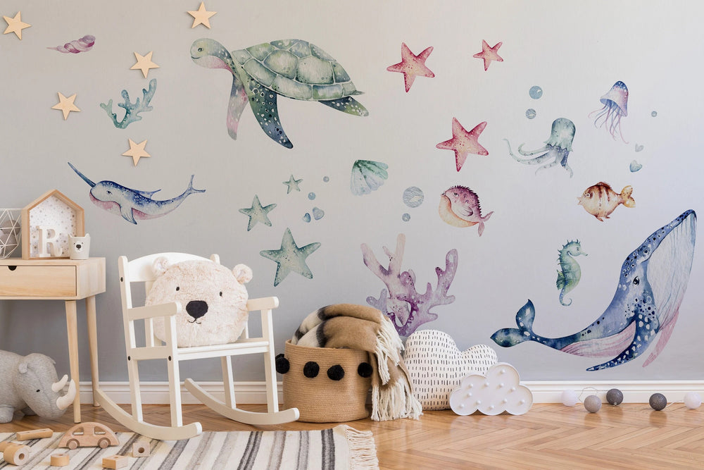 Ocean Wall Decal - Watercolour Sea Life Stickers - Colourful Ocean Theme - Clickwalls