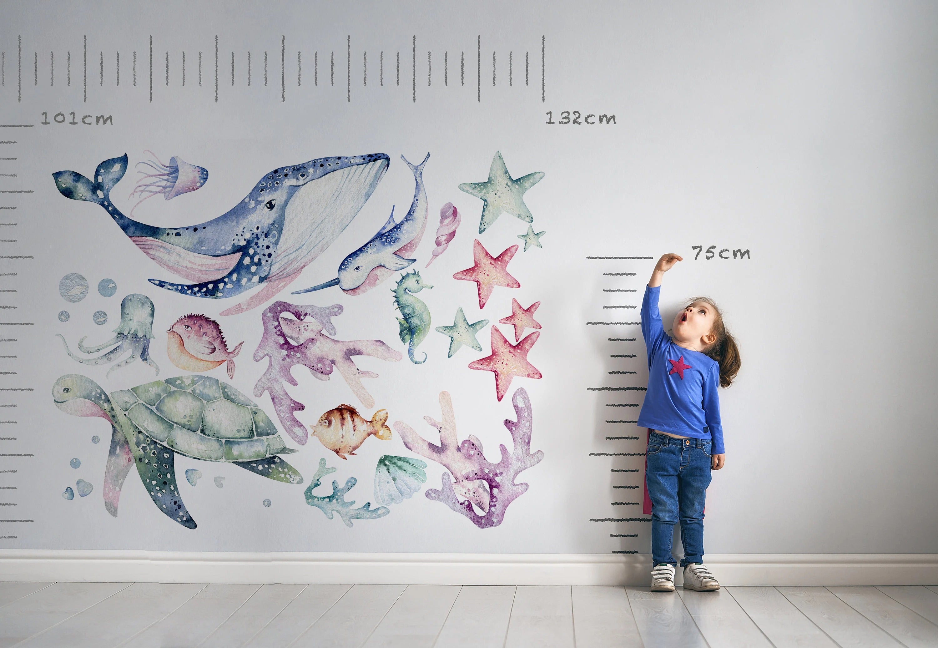 Ocean Wall Decal - Watercolour Sea Life Stickers - Colourful Ocean Theme - Clickwalls