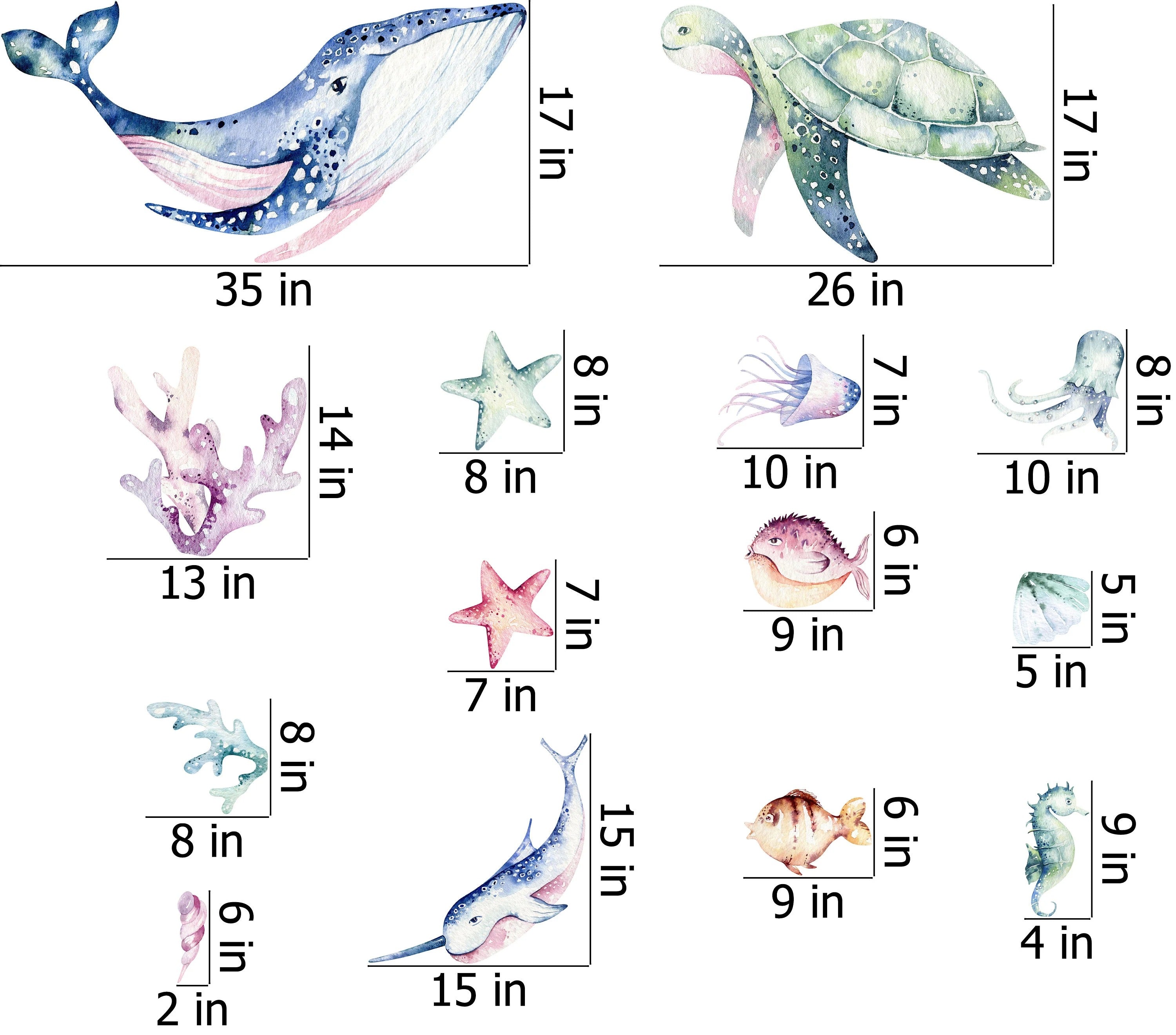 Ocean Wall Decal - Watercolour Sea Life Stickers - Colourful Ocean Theme - Clickwalls