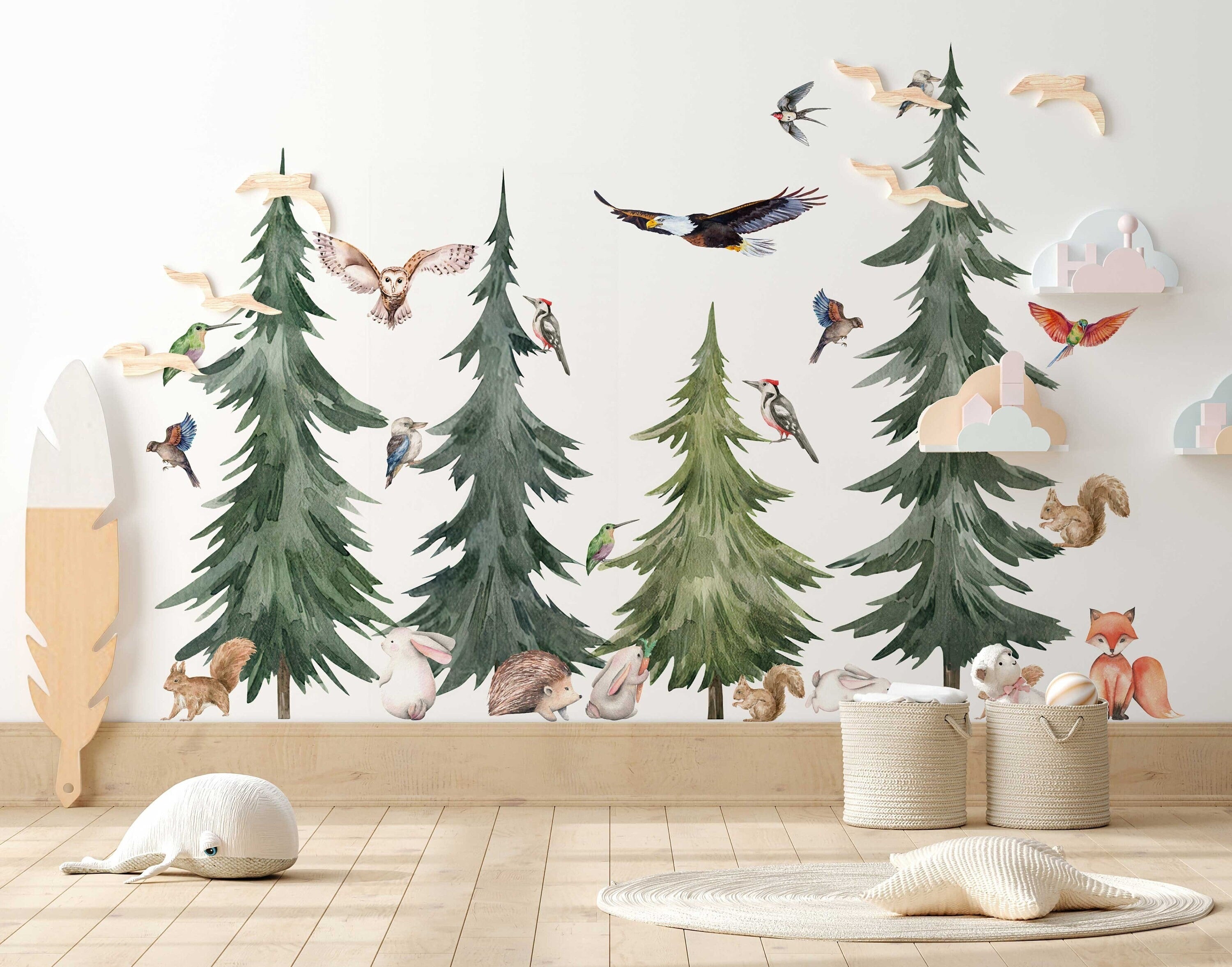 Large Forest Tree Wall Decal - Watercolour Wall Sticker, Nursery Mural, Forest Wall Decal, Peel and Stick Tree Decal - Clickwalls