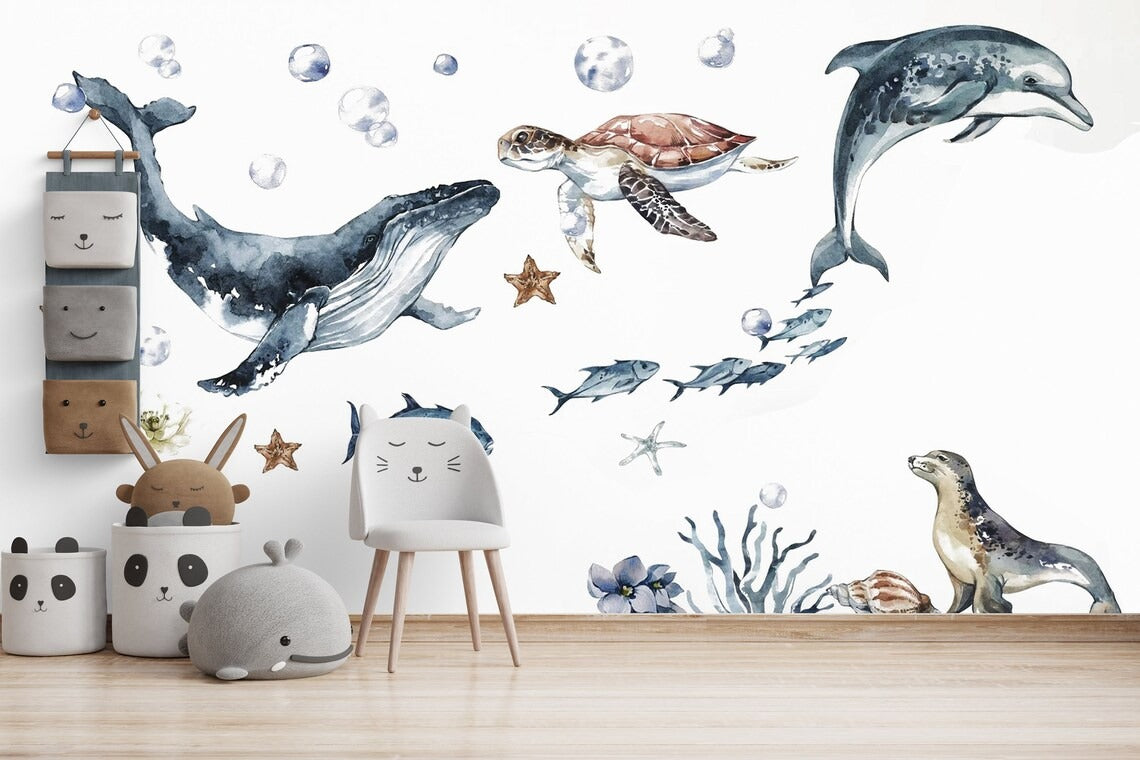Ocean Animals Wall Decal for Kids and Nursery, Sticker Set, Dolphin, Turtle, Whale, Fishes, Seal, Corals, Watercolour, OCEAN Life - Clickwalls