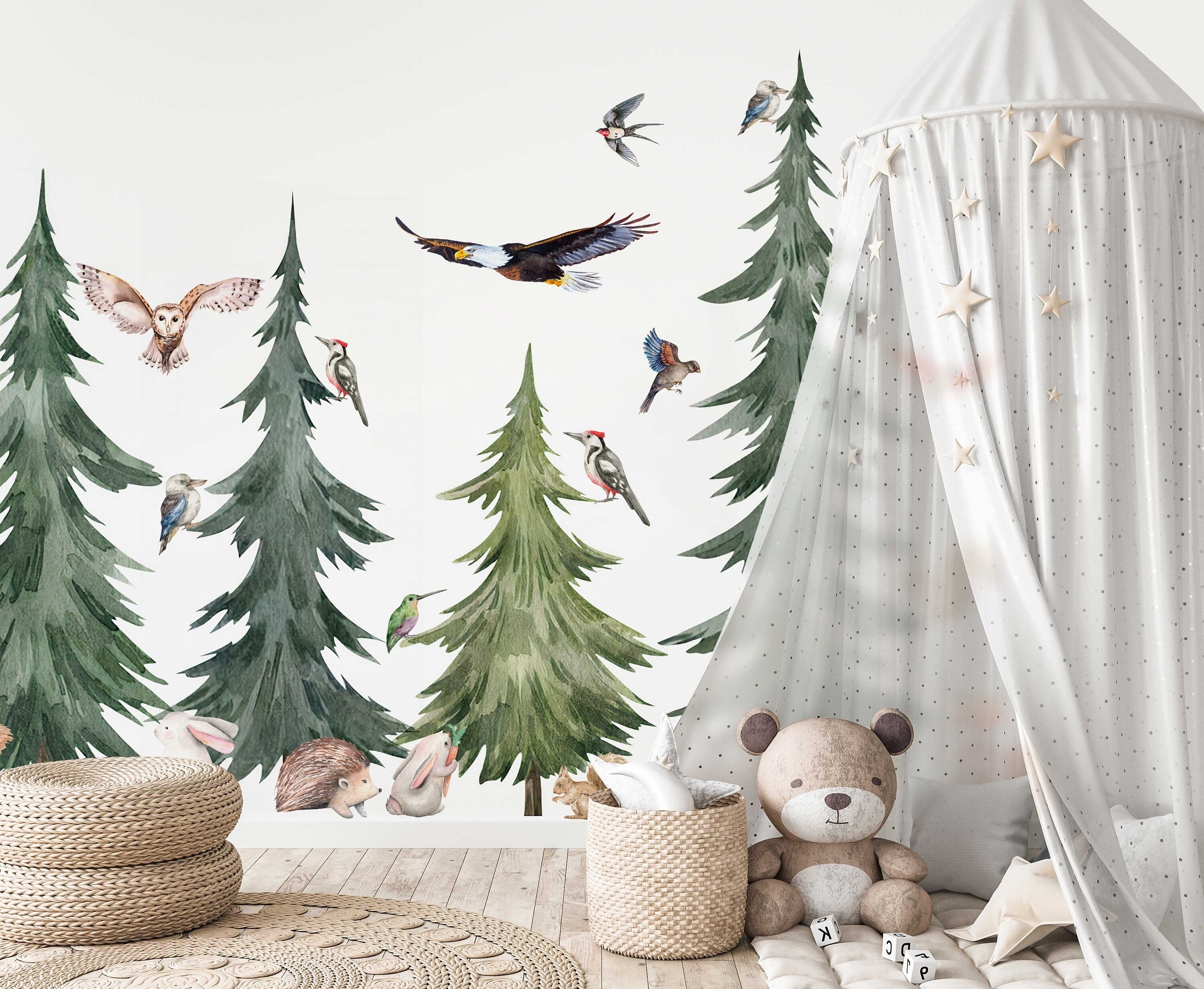 Large Forest Tree Wall Decal - Watercolour Wall Sticker, Nursery Mural, Forest Wall Decal, Peel and Stick Tree Decal - Clickwalls