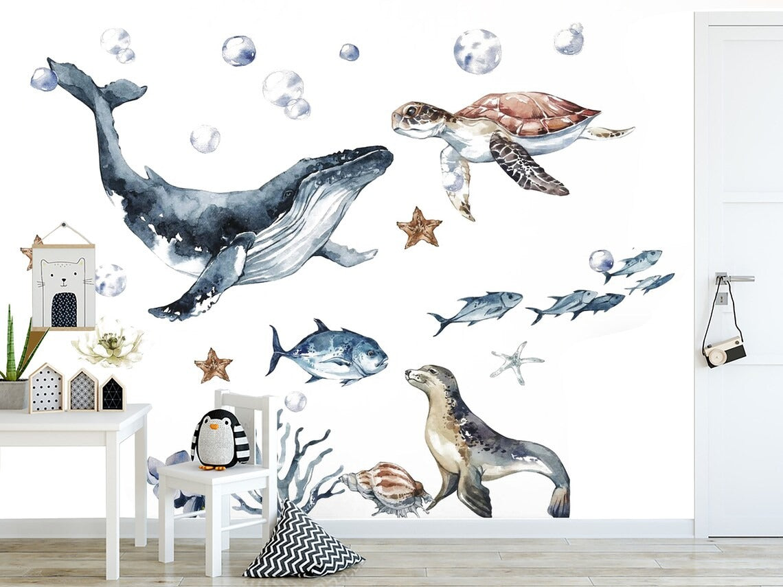 Ocean Animals Wall Decal for Kids and Nursery, Sticker Set, Dolphin, Turtle, Whale, Fishes, Seal, Corals, Watercolour, OCEAN Life - Clickwalls