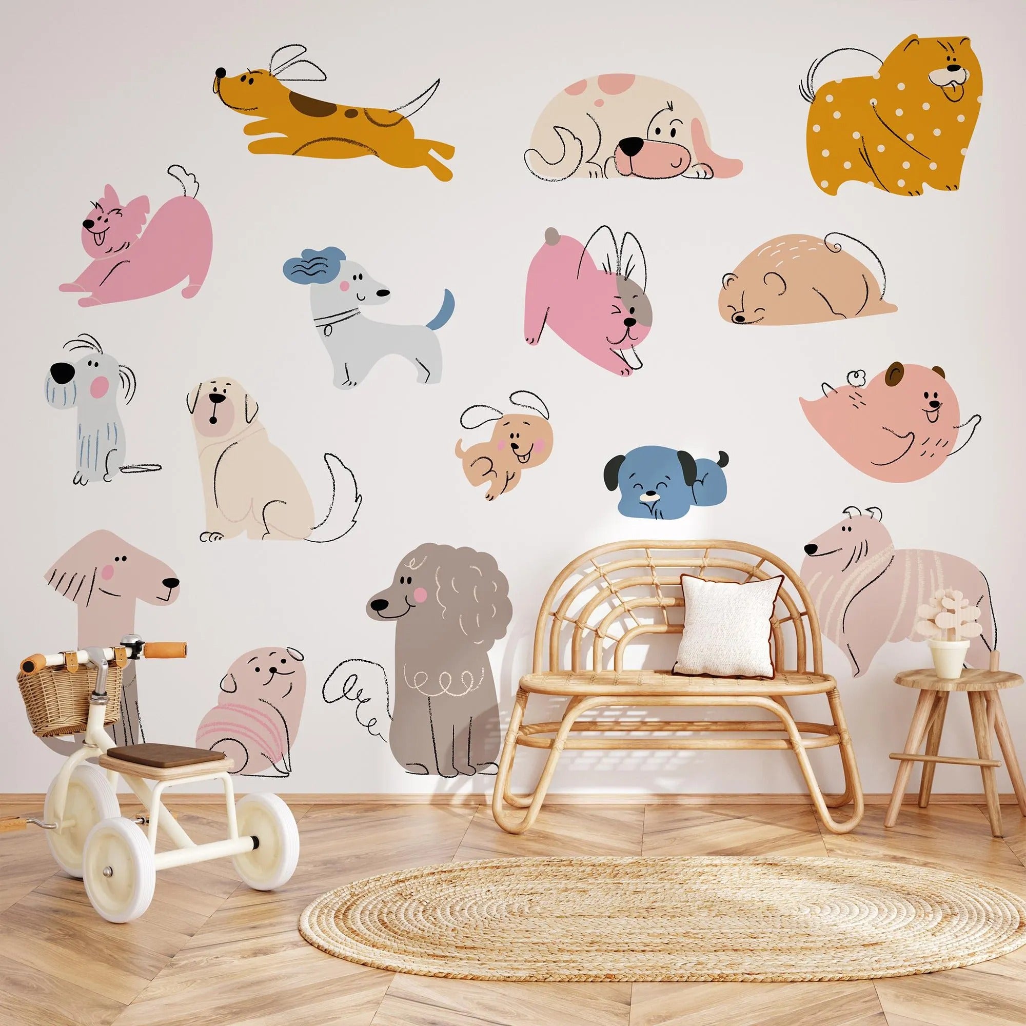 Hand Drawn Dogs Nursery Wall Decals - Cute Puppy Wall Stickers for Baby Room Décor & Kids Bedroom Art - Clickwalls