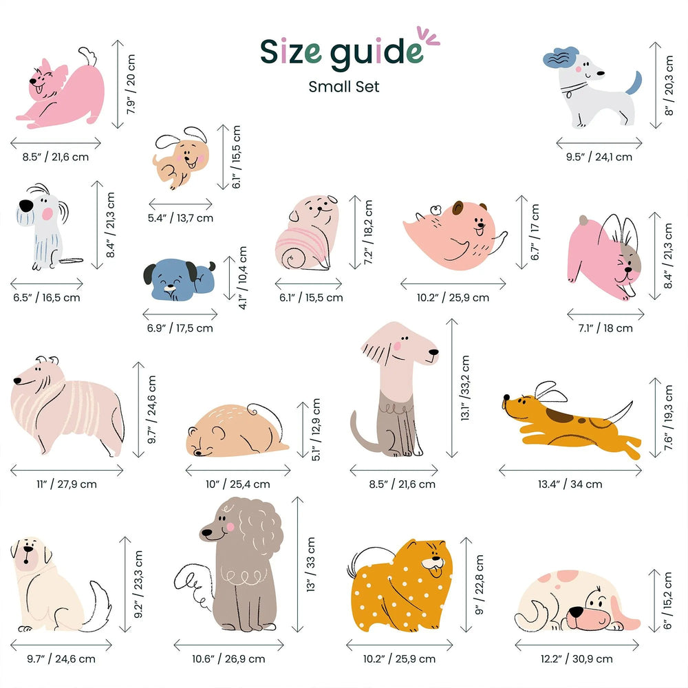 Size guide for small dog toys with measurements in centimeters and inches.