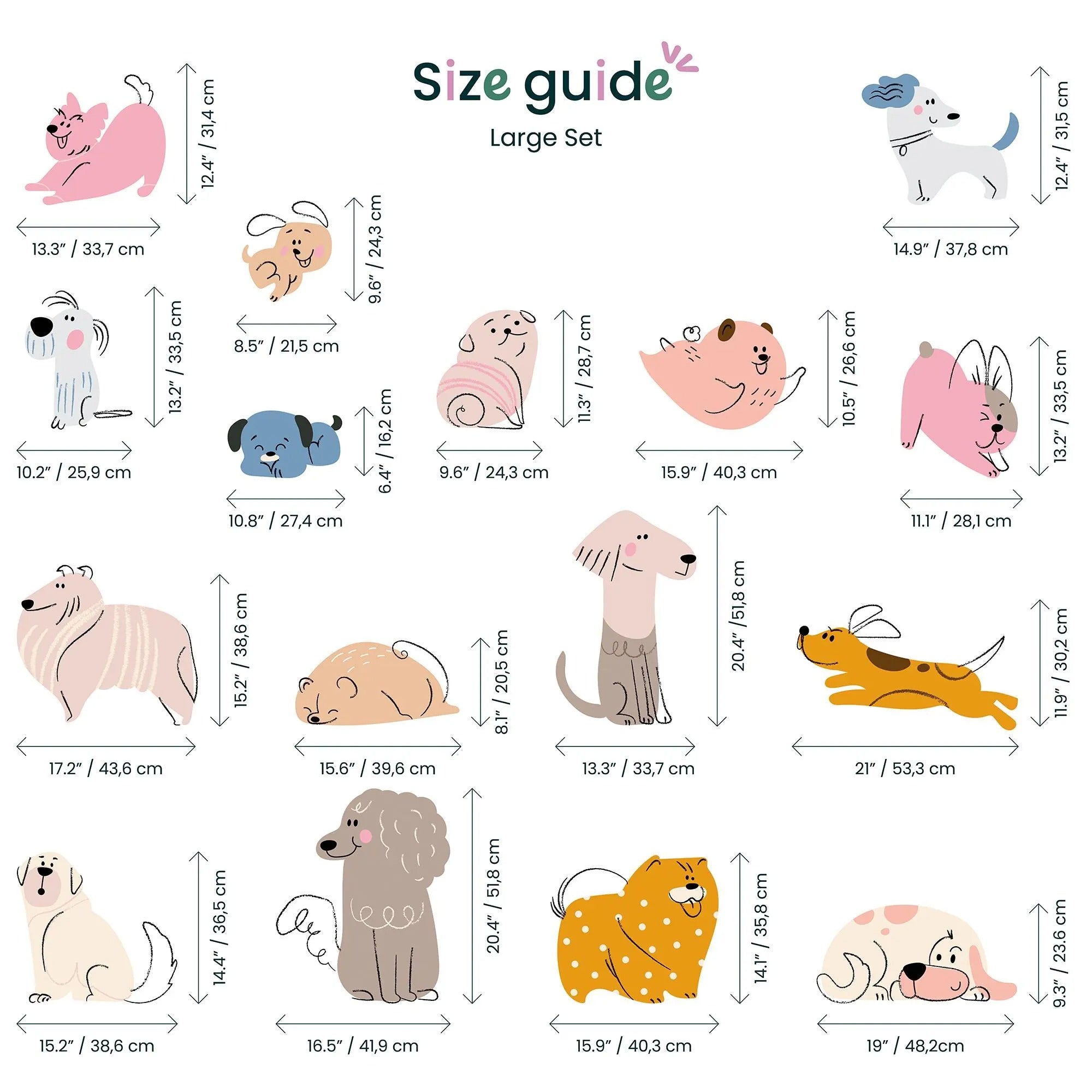 Size guide for various cartoon dog illustrations with dimensions