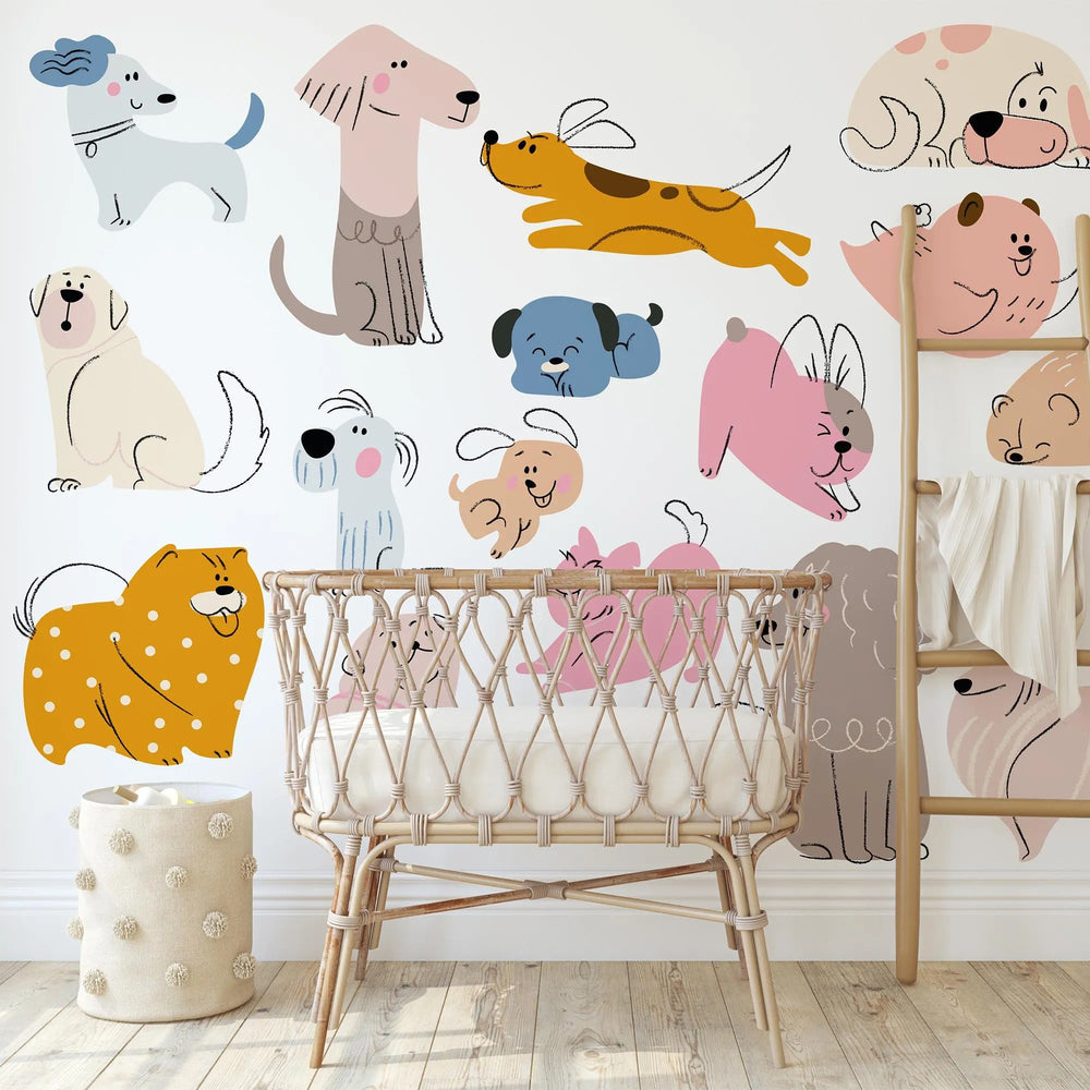 Children's room with colorful dog illustrations on the wall and a wicker crib.