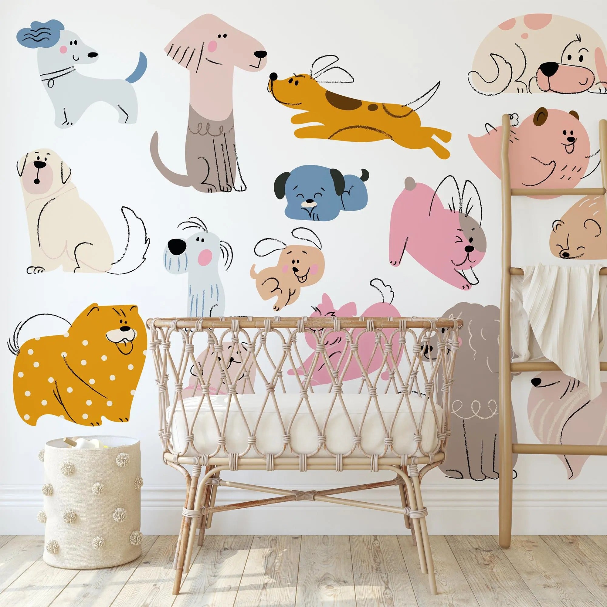 Children's room with colorful dog illustrations on the wall and a wicker crib.